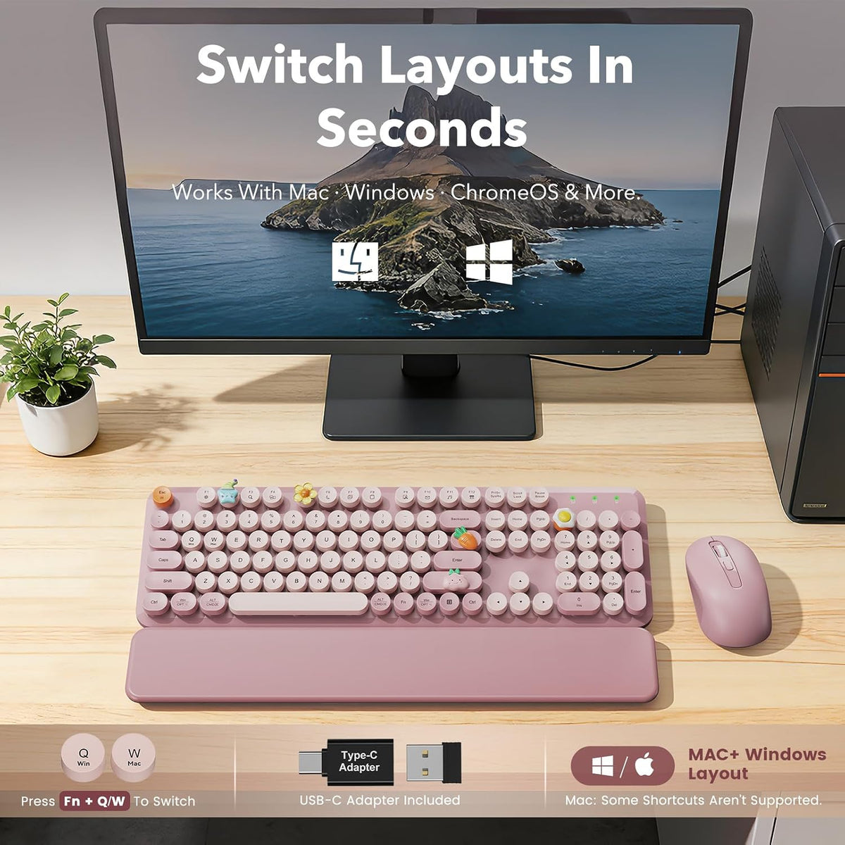 Wireless Keyboard and Mouse, Round Keycaps, Magnetic Wrist Rest, Dusty Rose