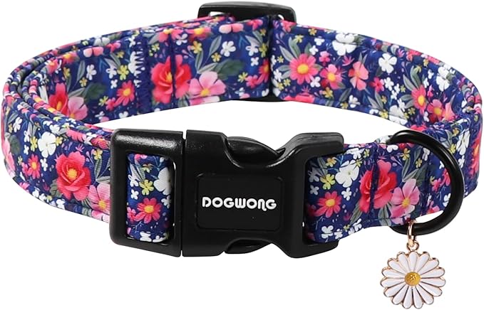 DOGWONG Blue Flower Dog Collar, Cute Adjustable Floral Collar, Girl Female Dog Collar with Strong Plastic Buckle for Small Medium Large Dogs,XS