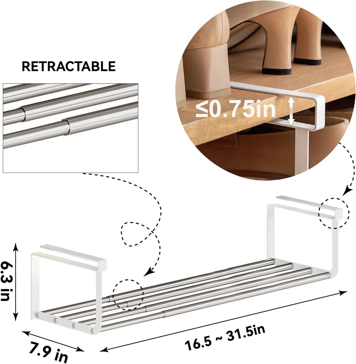 Expandable Shoe Rack Organizer - Adjustable Shoe Rack & Under Cabinet Shelf - for Shoe or Clothing Storage and Organization, Under Shelf Storage (Stainless,2Pcs)