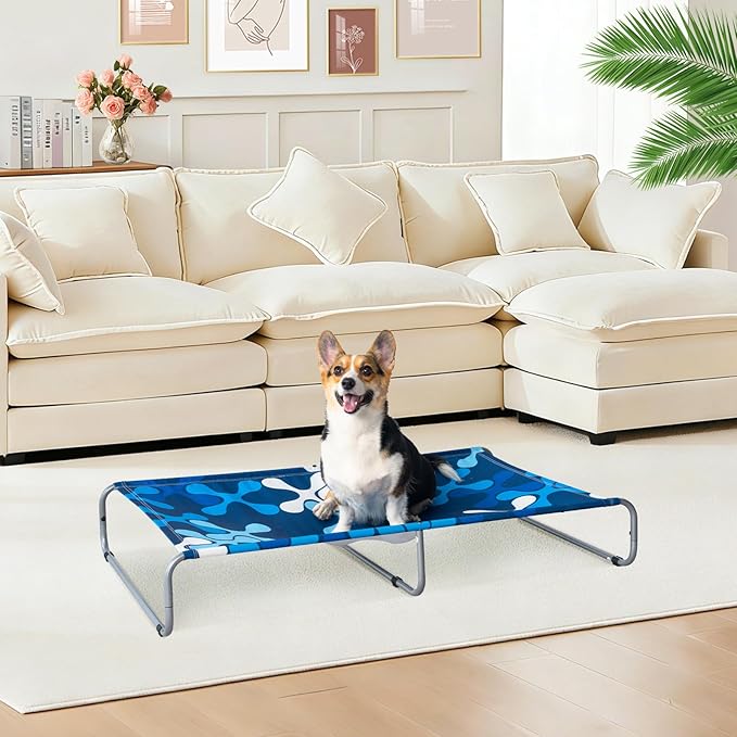 Elevated Dog Bed for Medium/Large Dogs 85lb,Cooling Raised Washable Dog Cot,Metal Frame, No-Slip Feet, Polyester Cotton,Indoor/Outdoor Pet Bed,43 * 26 * 7in, Clover Ocean Blue