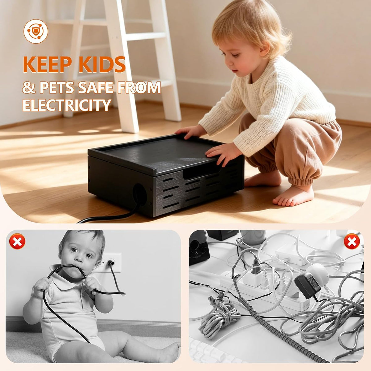 Wooden Cable Management Box - A Stylish Cable Storage Box, Suitable for Power sockets, USB Hiding, TV Cables, Desktop and Floor Cables - a Large Cable Storage Box for Management
