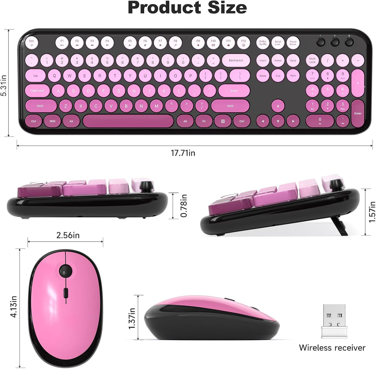Dilter Wireless Keyboard and Mouse Combo, 104 Keys Full Size Typewriter Keyboards, 2.4G USB Plug and Play for Windows 7 8 10 11, PC, Laptop, Desktop, Black & Pink
