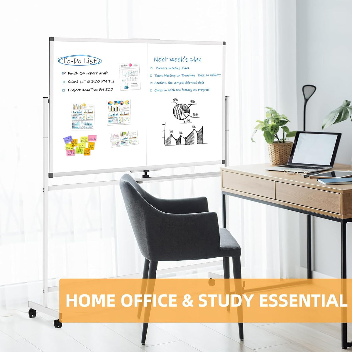 Rolling Dry Erase Whiteboard with Stand, 48" x 36" White Board on Wheels