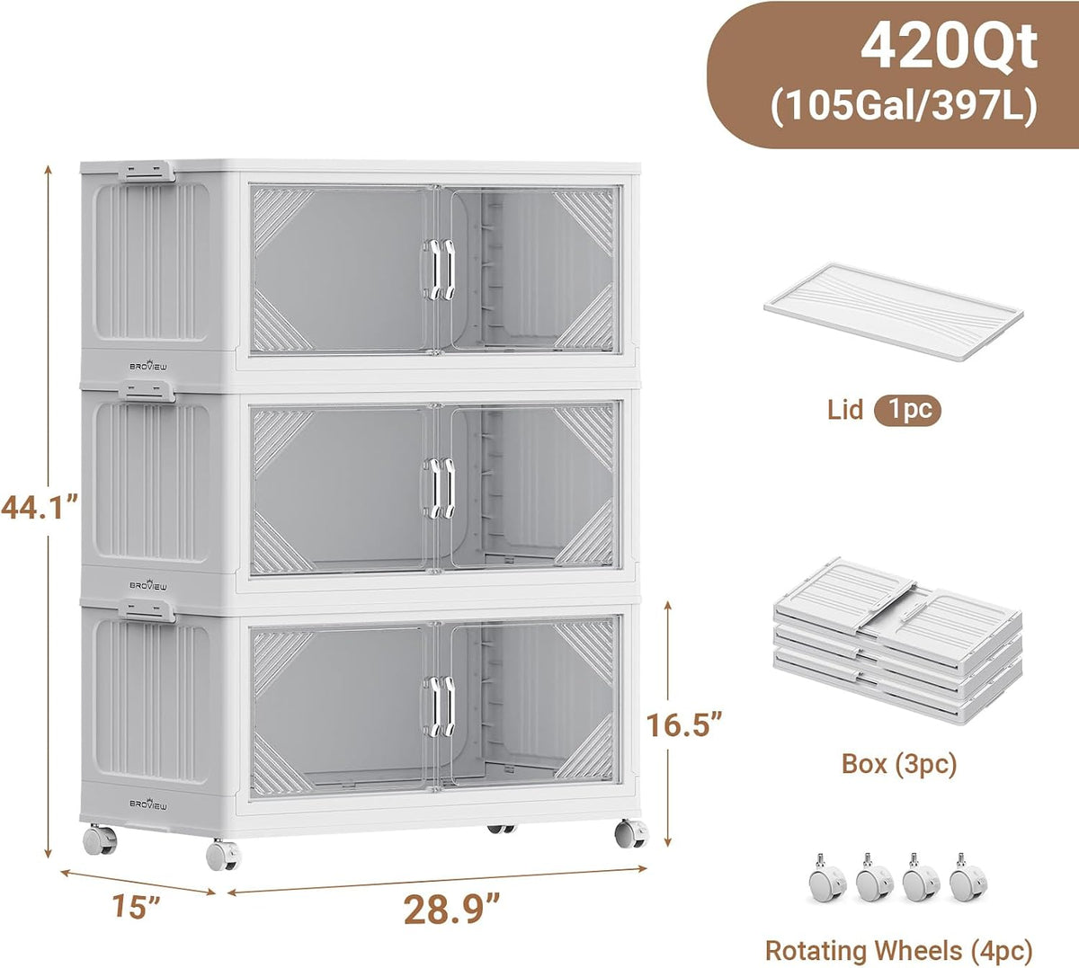 BROVIEW V60 420QT Plastic Stackable Storage Bins with Lid, 3Pack White