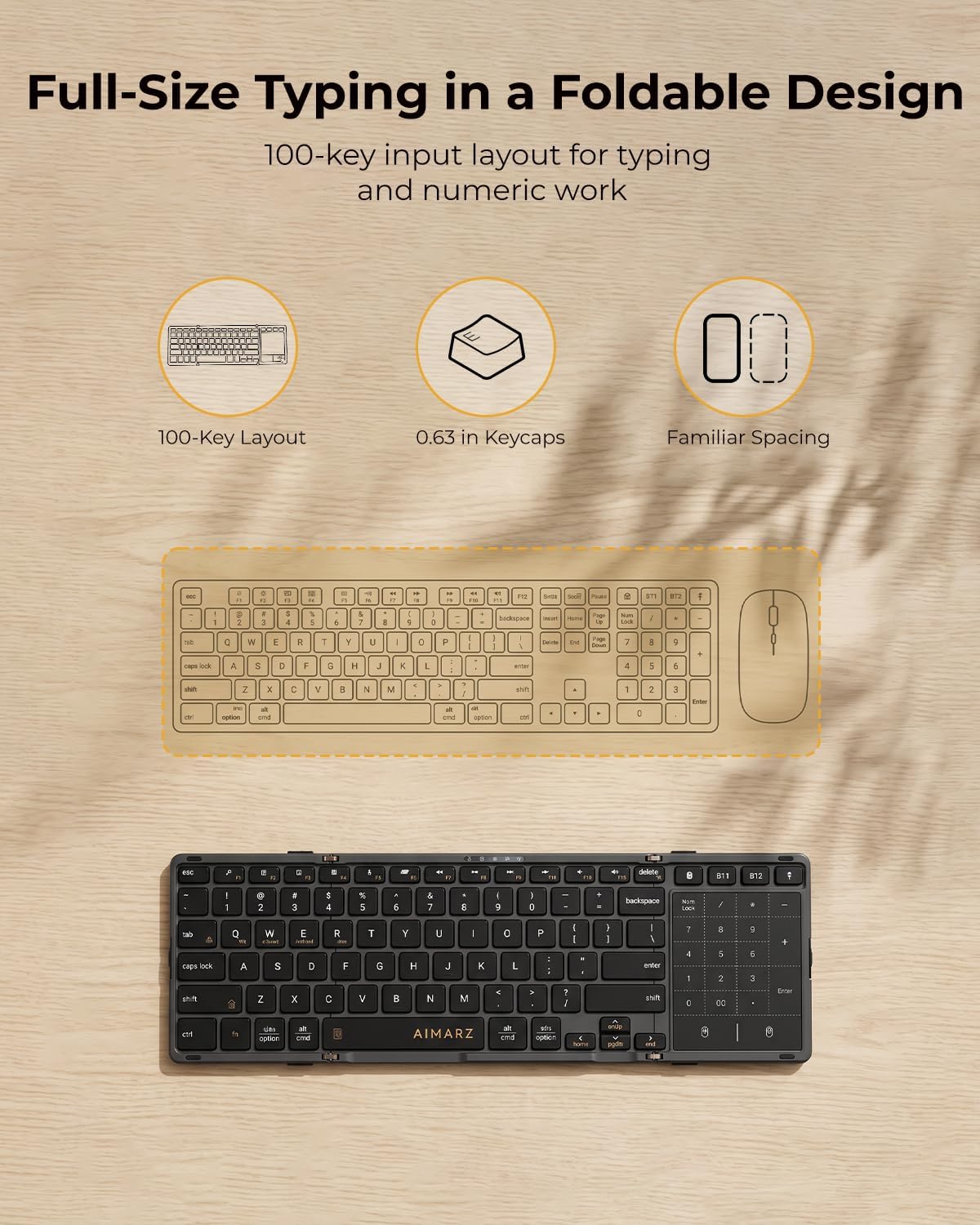 AIMARZ AF01 Foldable Keyboard, Full-Size Keys, Touchpad/Number Pad, Black