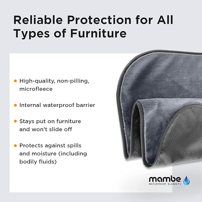 Mambe Non-Slip Pet Blanket Large, Charcoal and Silver - Soft and Silky Waterproof Throw - Machine Washable Fleece - for Protecting Furniture from Stains - for Dog and Pet Fur