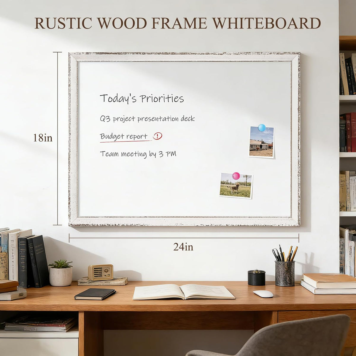 Magnetic White Board for Wall, 24" x 18", Rustic Whitewashed Wooden Frame