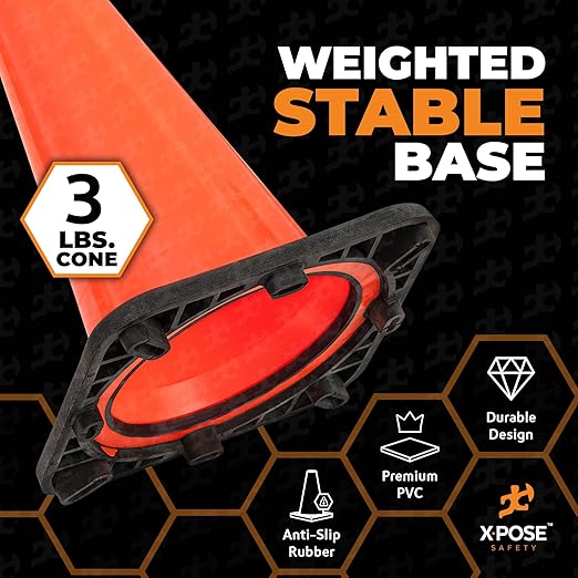 Xpose Safety 18 Inch Orange Traffic Cones, 24-Pack - Multipurpose PVC Plastic Safety Cone for Parking, Soccer, Caution, Kids and Construction - DOT Approved