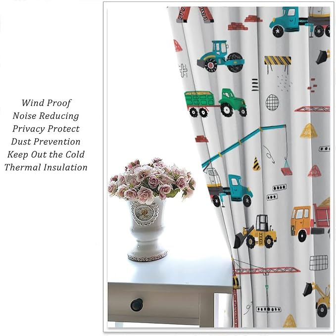 Construction Window Curtains, Kids Cartoon Construction Machines Building Hand