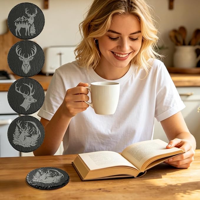 4Pcs Slate Coasters with Deer Pattern, Round 3.94 inch Cup Mats