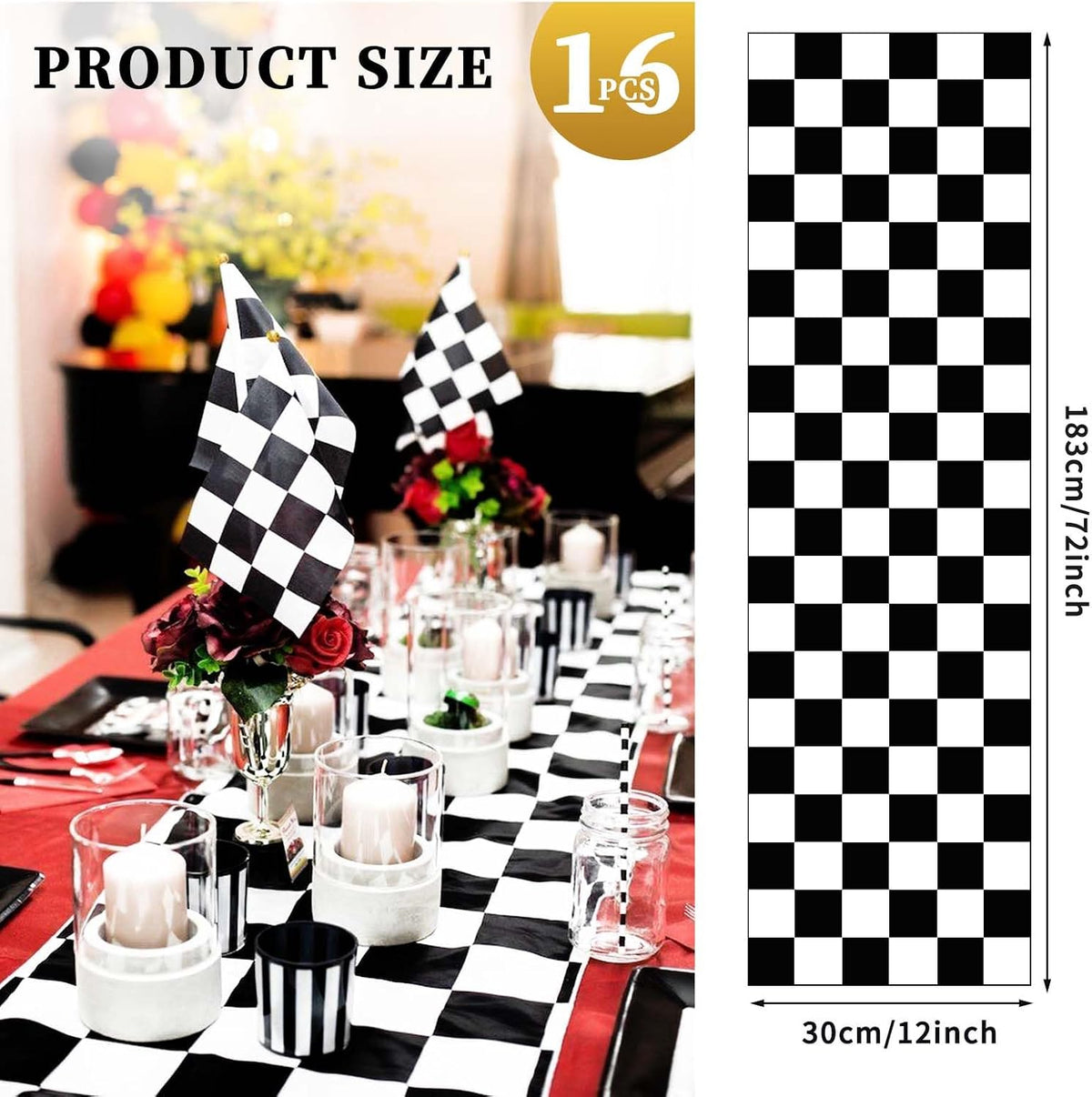 16 Pack Black and White Checkered Table Runner 12 x 72 Inch