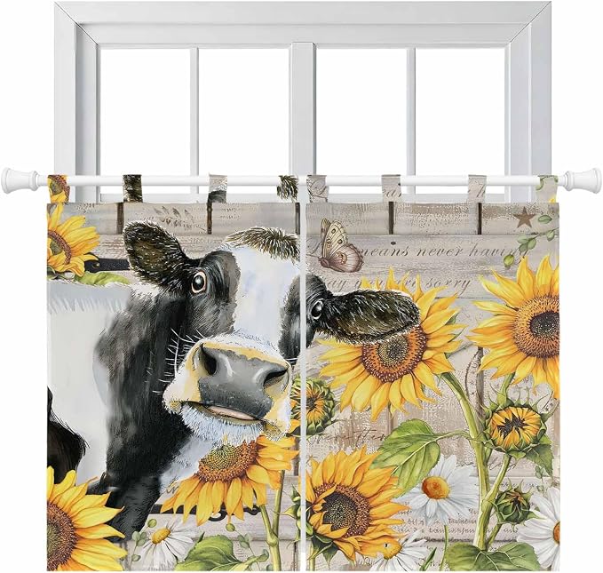 Yellow Sunflowers Kitchen Curtains 45 Inch Length, Short Cafe Window Curtains