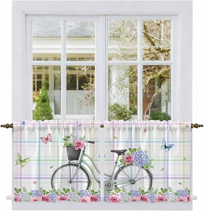 Spring Tier Curtains, Bicycles Botanical Leaves Rose Colorful Stripes Light