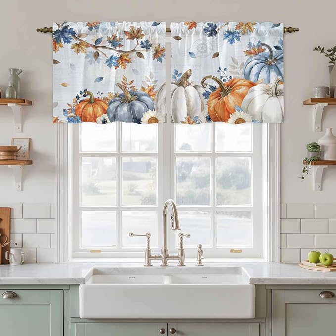 Fall Blue Maple Kitchen Tier Curtains 36 Inch Long 2 Panel Set, Rod Pocket Half