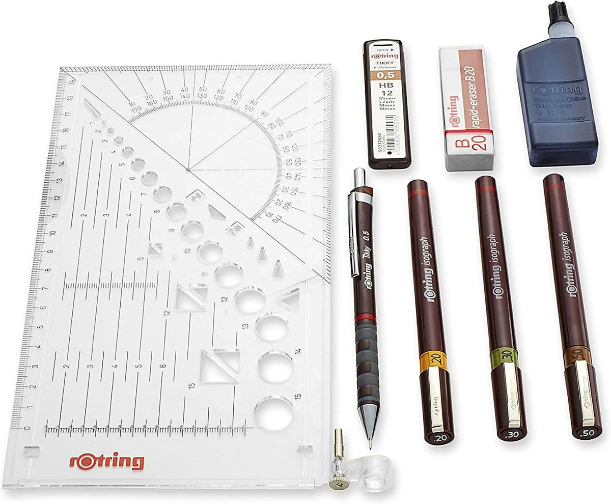 rOtring Isograph Technical Drawing Pen College Set, (0.20, 0.30, 0.50 mm), Includes Pens, Pencil, Eraser, and More - Designed for Precision