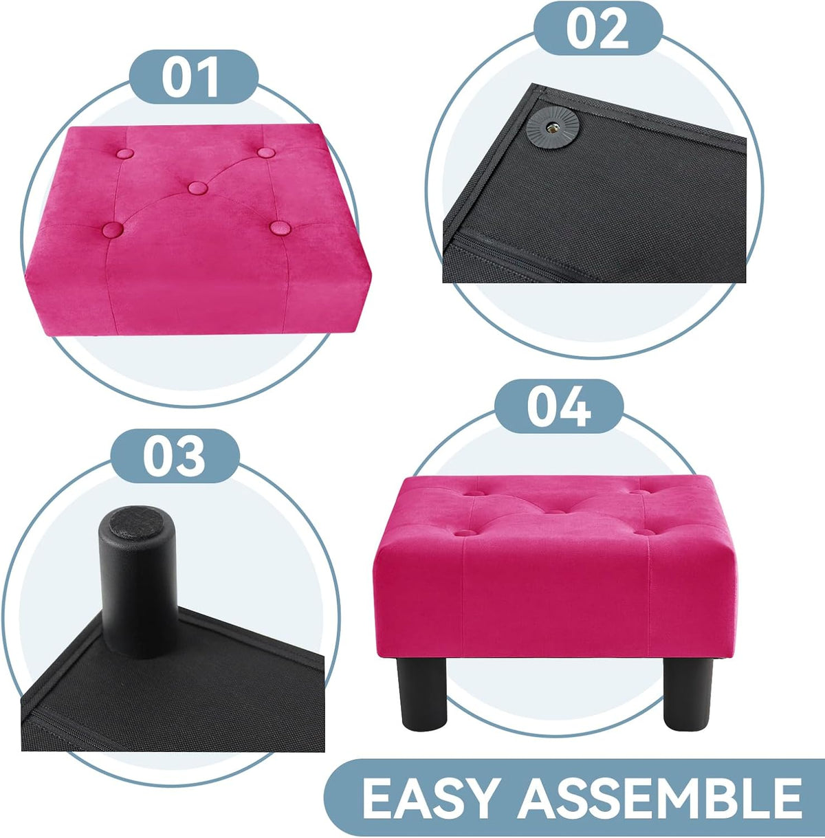 Poofzy Small Foot Stool Ottoman, Velvet Ottoman Foot Rest with Legs, Rectangle Foot Rest for Couch, Footstools and Ottomans Small for Living Room and Entryway (Hot Pink)