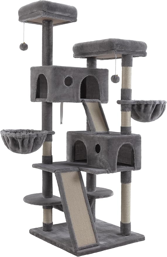 WEEWAY Cat Tree Tower for Indoor Cats,65'' Multi-Level Cat Furniture Activity Center,Stand House Condo Cave,Sisal Scratching Posts Ramps,Plush Perches Platforms Basket Hammock,Grey