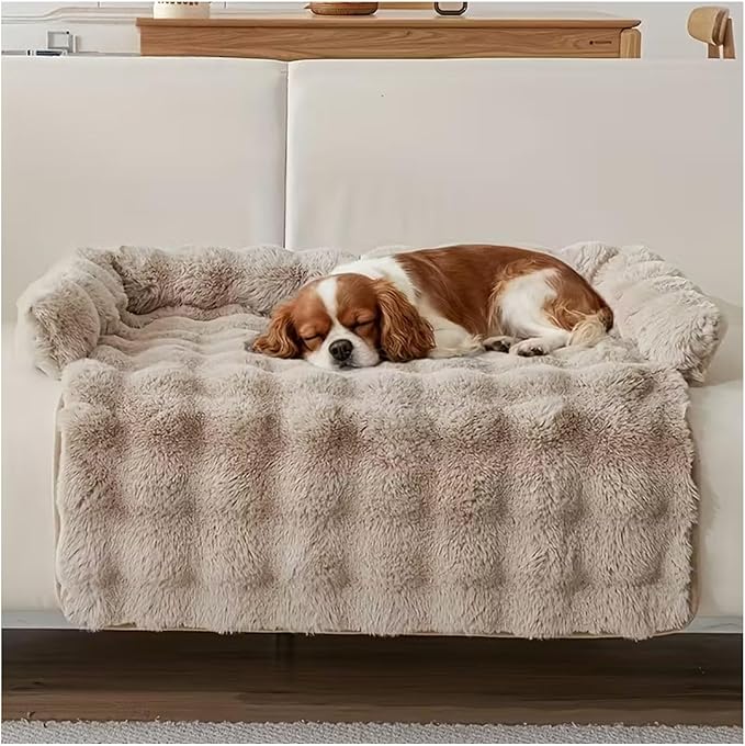 Dream Cloud Pet Sofa Bed, Washable Non-Slip Fluffy Plush Dog Mat for Furniture Protector Mat for Sofa Car & Floor for Small Medium Dogs & Cats (Khaki)