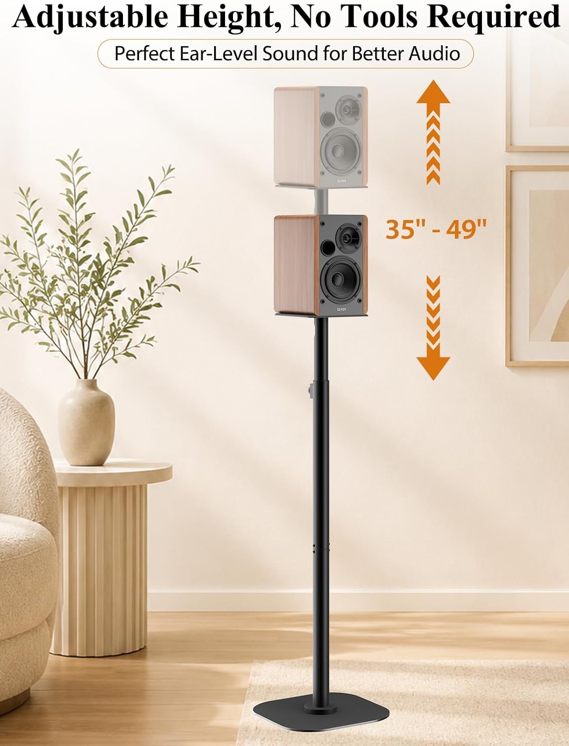 Haturi Universal Speaker Stands Pair, Height Adjustable 35"-49" Floor Speaker Stands for Bookshelf, Satellite & Surround Sound Speakers, 15 lbs Capacity, Dual Cable Management,Black