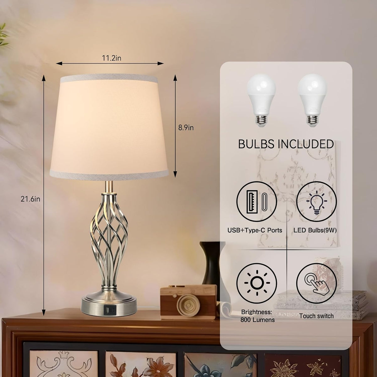 Ruiever Touch Table Lamps Set of 2, nightstand lamp with USB Ports Bedside 3 Way Touch dimmer Desk lamp for Living Room Bedroom,Nickel Plated Spiral cage Base Design Warm White dimmer Bulbs Included.
