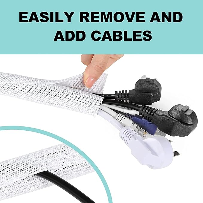 AGPTEK Cable Sleeve Cover, 2Pack 5ft - 1.8 inch Desk Cord Organizer Cable Hider, Home Office Wire Management Computer TV Wire Loom Tubing, Pet Proof Cord Protector, from Cat Dog Chewing, White