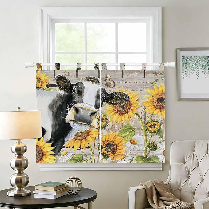 Yellow Sunflowers Kitchen Curtains 45 Inch Length, Short Cafe Window Curtains