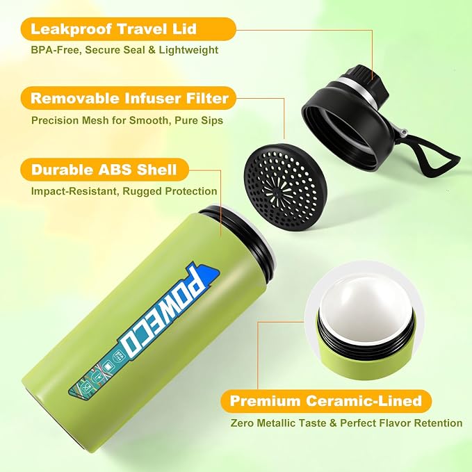 Ceramic Lined Water Bottle, 18 oz Insulated Travel Mug