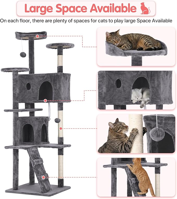 70in Cat Tree Cat Climbing Tower with Scratching Post, Cats House Perch Kitten Tree Condo Wood Playhouse, Pet Trees Tower for Indoor Cats, Light Gray