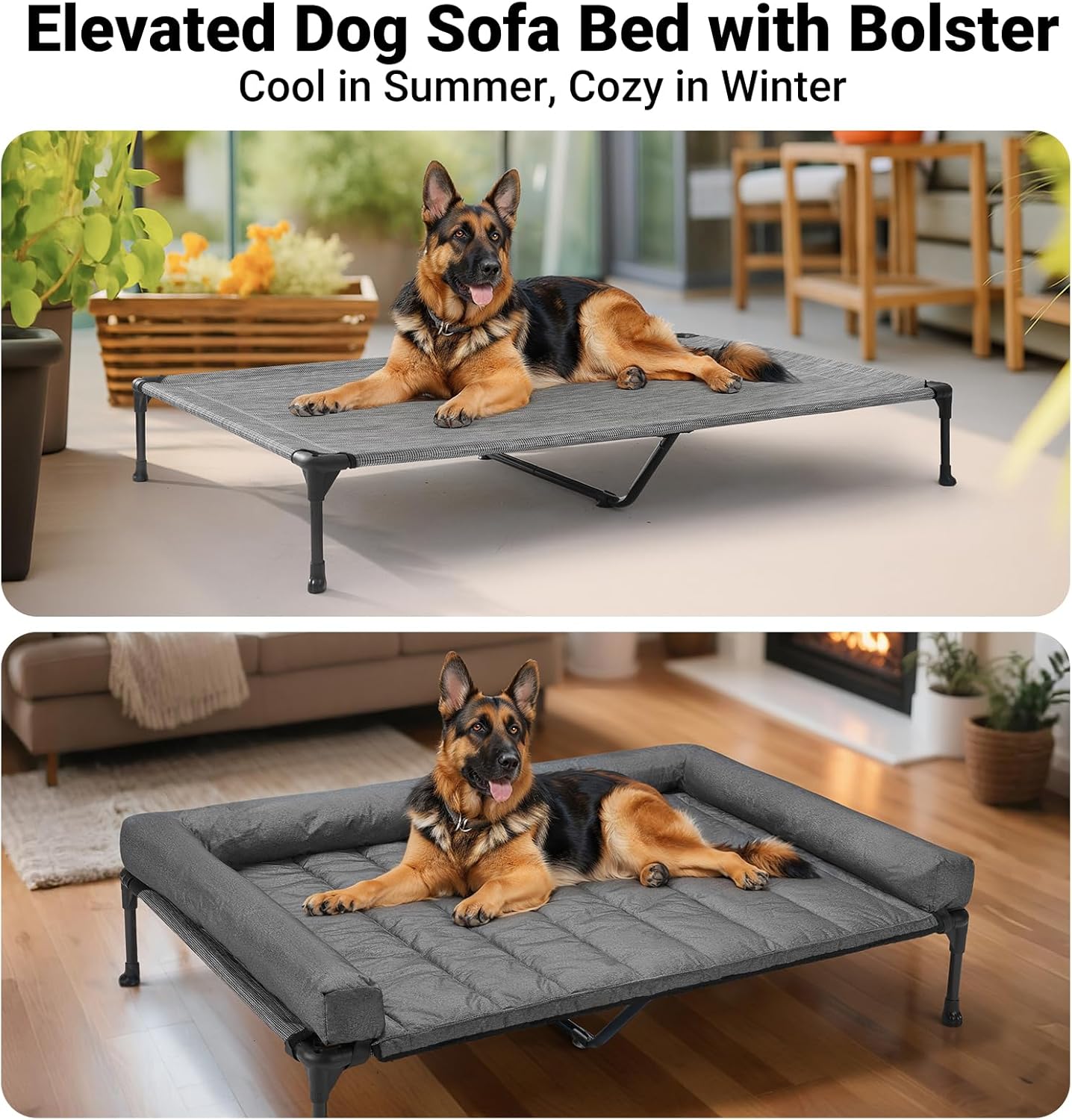 Veehoo Cooling Elevated Dog Bed Add Removable Waterproof Bolster Cushion Mat, Raised Pet Cot with Breathable Teslin Mesh, No-Slip Feet, Dog Couch Bed for Indoor Outdoor, 53 inches, Black Silver