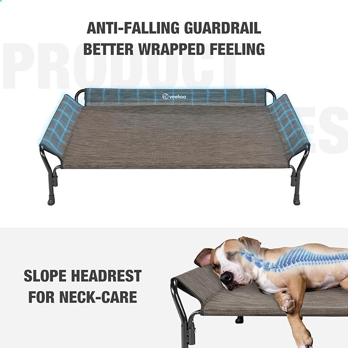 Veehoo Cooling Elevated Dog Bed, Raised Pet Cot with Guardrail & Slope Headrest, Durable Breathable Teslin Mesh, Non-Slip Feet, Washable Dog Couch Bed for Indoor & Outdoor, Large 47" x 32", Brown