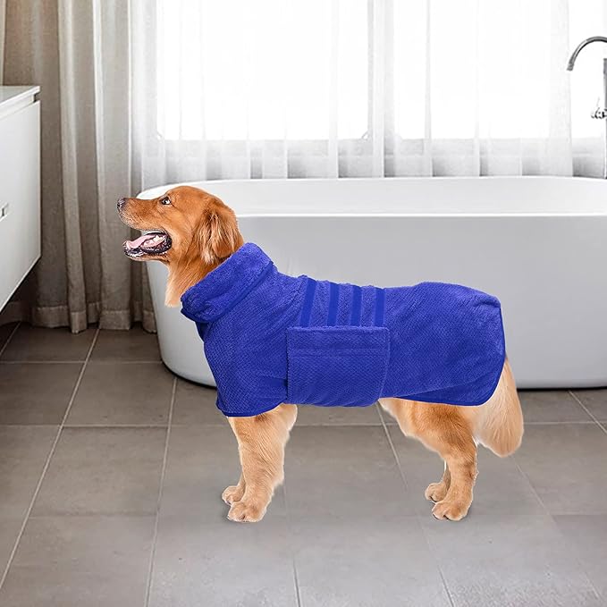 Geyecete Pineapple Grid Fast Drying Super Absorbent Dog Cat Bath Robe Towel - Blue, S