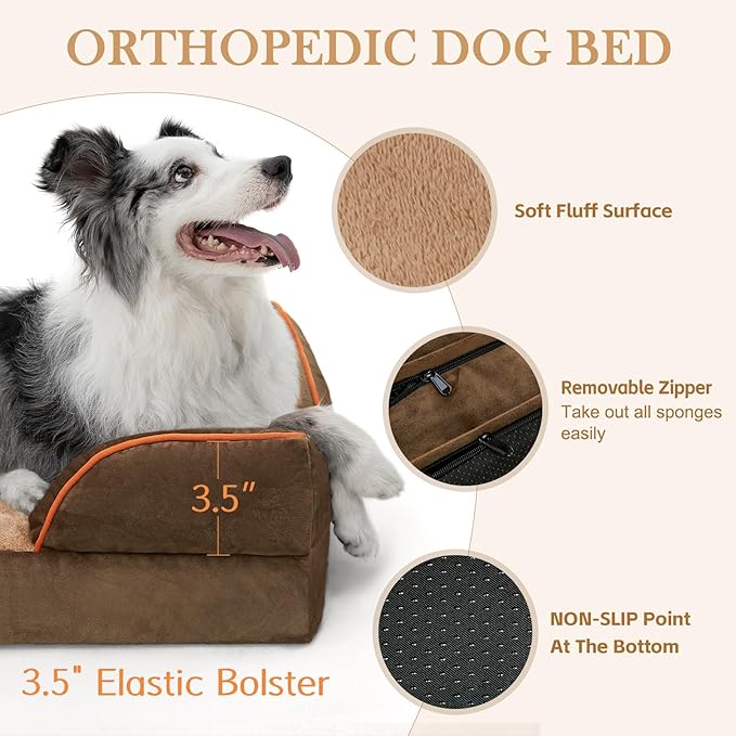 Comfort Expression Orthopedic Dog Bed for Medium Dogs 28x19 Inch, Waterproof Supportive Egg Crate Foam Medium Pet Bed with Removable Bolsters, Dog Couch with Washable Cover & Non-Slip Bottom, Brown