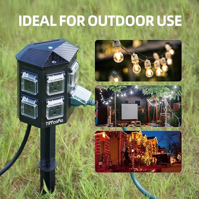 TiFFCOFiO Outdoor Power Strip with Stake Waterproof, 60 FT Extension Cord, 6 Grounded Outlets for Outdoor Lights, 14 AWG, 15A/1875W, ETL Listed