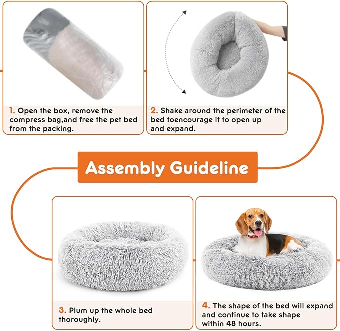 Sweetcrispy Donut Dog Bed, XL Large Round Calming Cat Bed with Washable Waterproof Cushion, Anti-Anxiety & Anti-Slip Fluffy Cuddle Cozy Faux Fur Plush for Pet Puppy Indoor Sleeping (37.4"x37.4", Gery)