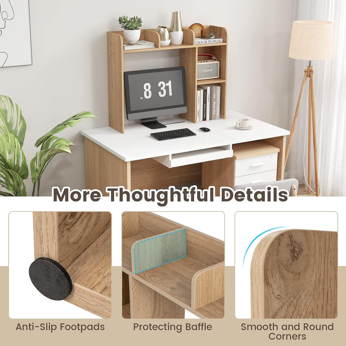 GIANTEX Desktop Bookshelf, Wood Desk Hutch Organizer for 27 Inch Computer Monitor, Countertop Storage Display Rack with 5 Shelves, Multipurpose Desktop Shelf Bookcase for Dorm Office Home, Natural