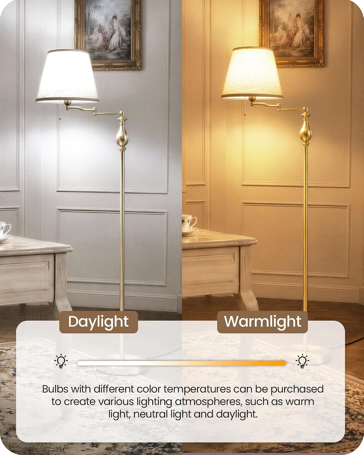 61"Vintage Gold Floor Lamp with 350°Adjustable Swing Arm, Pull Chain Switch