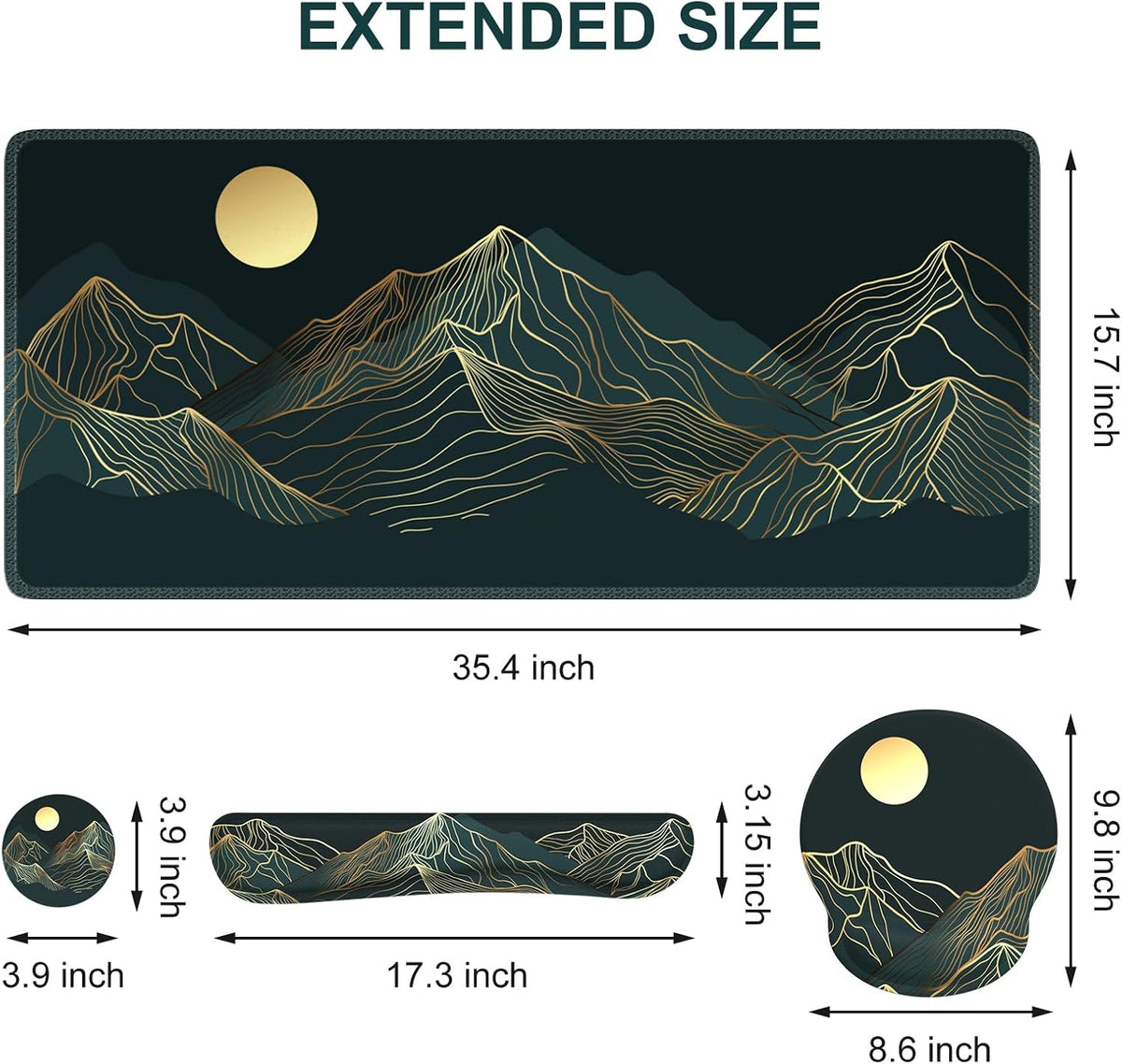 iCasso Large Mouse Pad, 4in1 XXL Mousepad + Keyboard Wrist Rest+Mouse Wrist Rest+Coaster Set with Ergonomic Design for Computer(Cyan-Mountain)
