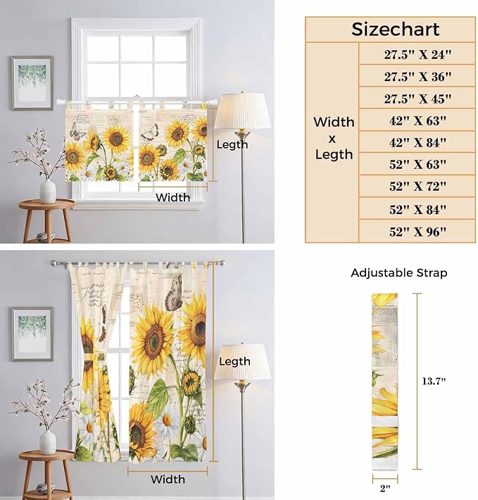 Yellow Sunflowers Kitchen Curtains 45 Inch Length, Short Cafe Window Curtains