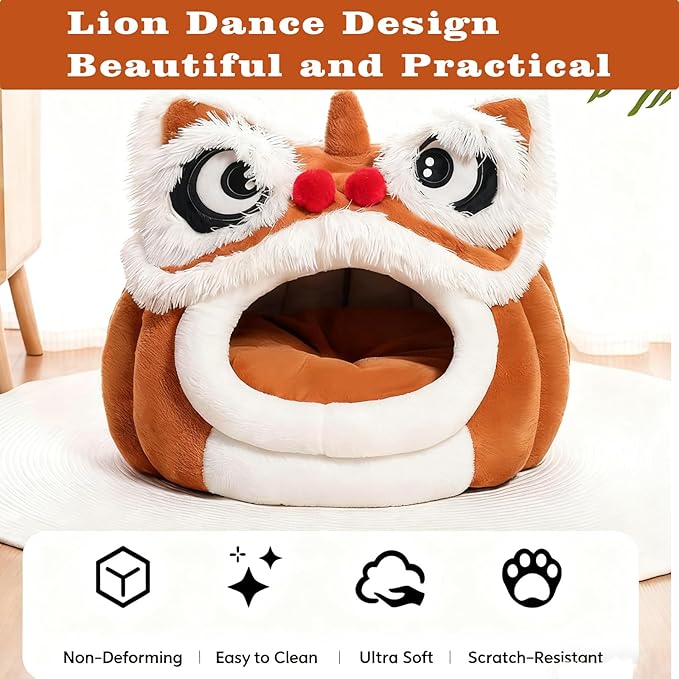 Cute Lion Head Pet Beds for Cats, Removable and Washable Winter Closed-Off Cat Bed, Soft Cozy Plush Cat House & Dog Cave with Cushion for Small Medium Cats Dogs, Semi-Enclosed Warm Nest (Brown, M)