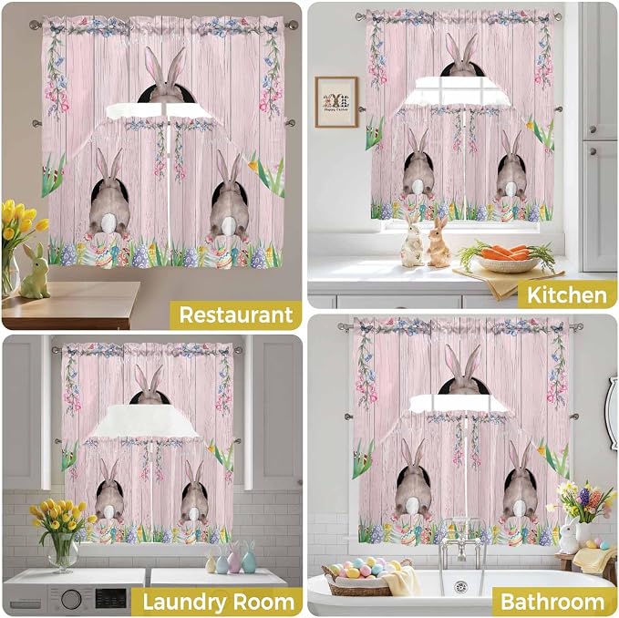 Swag Valance Curtains, Easter Cute Rabbit and Colorful Eggs Rod Pocket Valances