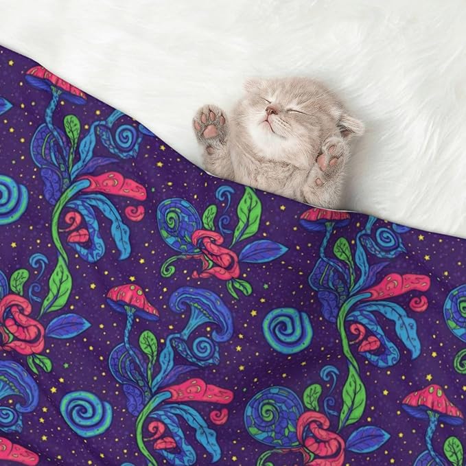 Pet Blanket for Travel and Home, Colorful Doodle Surreal Landscape Fantastic Mushroom, Reversible Plush Dot Design with Soft Grip Texture on One Side Perfect for Car Seats Moving Vehicles