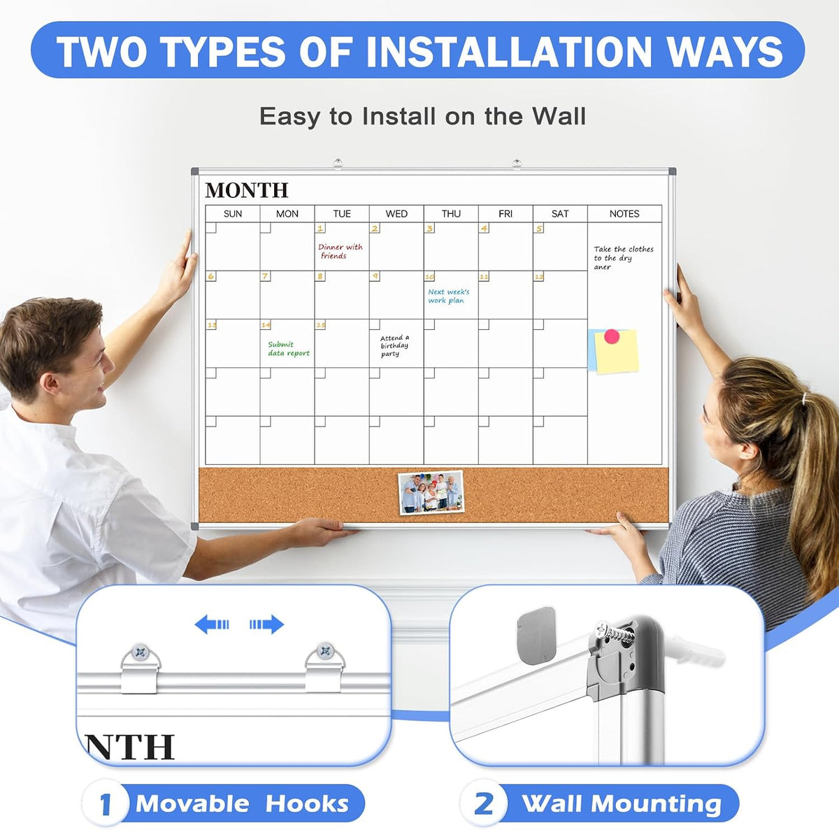 Large Dry Erase Calendar Whiteboard for Wall, 48" x 36" Month White Board