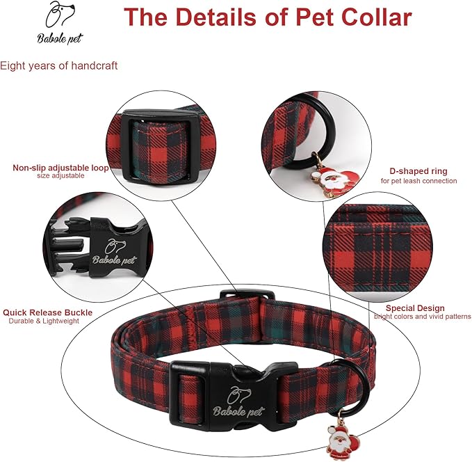Christmas Dog Collar for Small Dogs - Vintage Red Green Tartan Christmas Collars for Dogs, Soft Adjustable Winter Holiday Dog Collars with Quick Release Buckle S