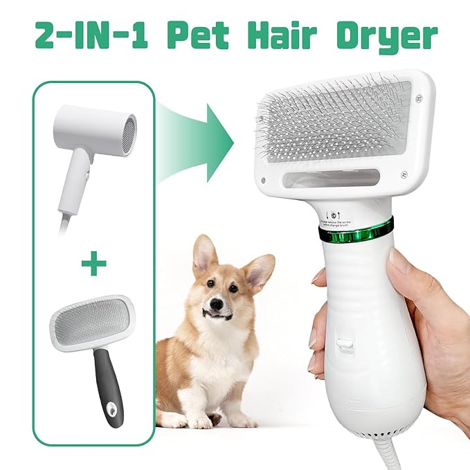 Dog Hair Dryer, 2-in-1 Dog Blow Dryer with Slicker Brush, 300W Pet Hair Dryer for Small and Medium-Sized Dogs and Cats, Dog Grooming Dryer Portable ＆ Adjustable Temperature