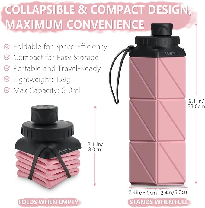 BEAUTAIL Collapsible Water Bottles 21 oz, Silicone Portable Water Bottle | BPA