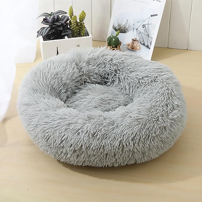 Calming Dog Bed for Small Dogs, Calming Donut Cuddler Pet Bed Anti Anxiety Round Dog Bed Fluffy Plush Faux Fur Cat Bed,Gradient Grey,35.5IN