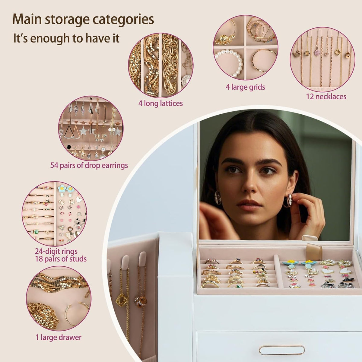 ASINGYER White 4 Layer 3 Drawer Jewelry Organizer with Double Hanging Side Cabinets for Women Accessories