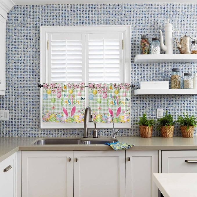 Happy Easter Half Window Curtains 24 Inches Long, Spring Bunny Eggs Flower Sage