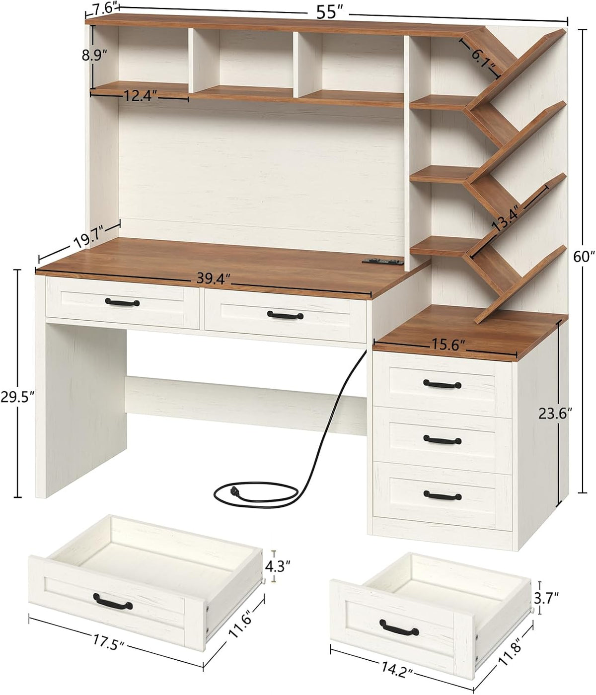 55" Computer Desk with Bookshelf, Drawers ＆ Hutch for Bedroom, Home Office