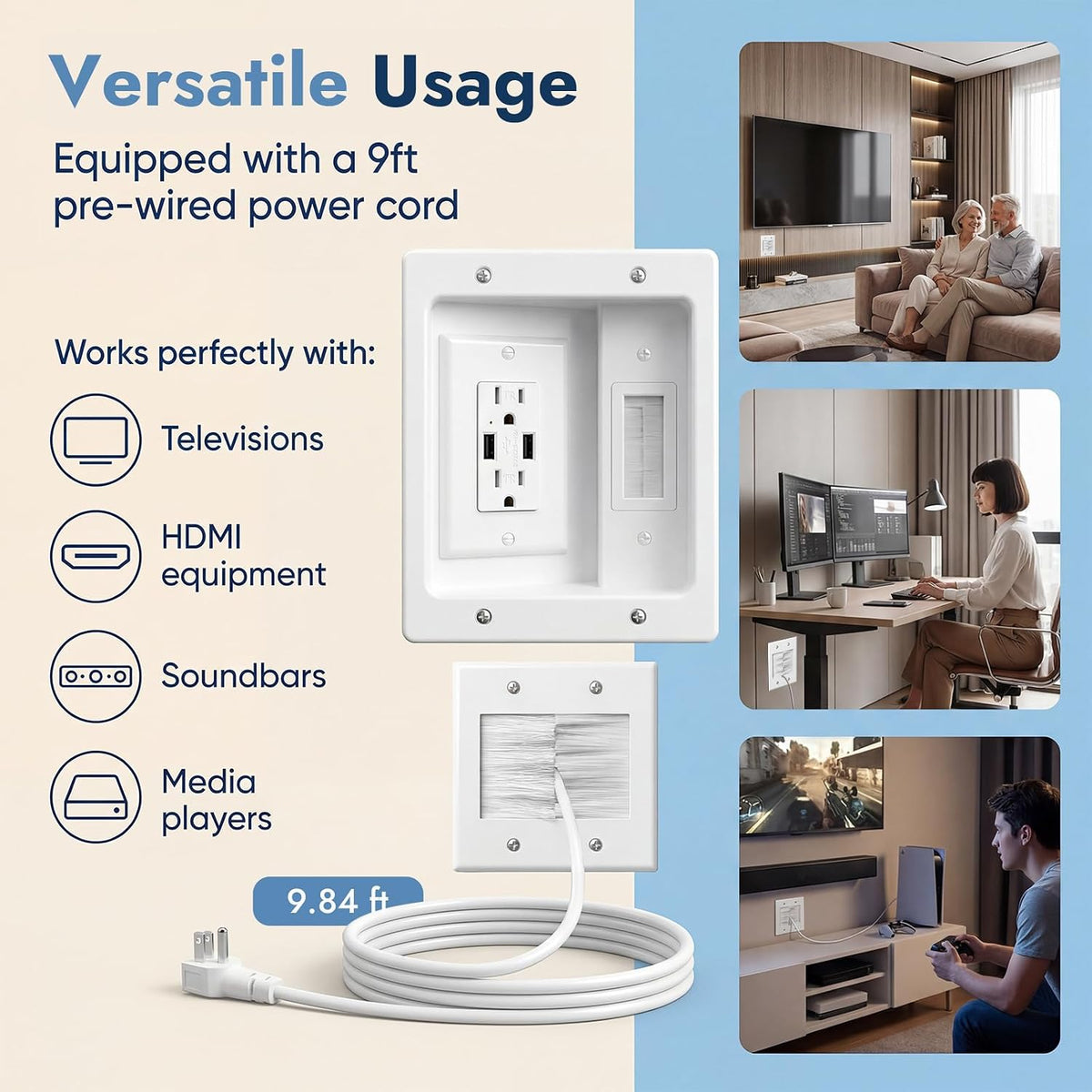 in-Wall Cable Management Kit, Recessed TV Outlet Box with Dual AC + 2 USB Ports, 9ft Power Cord, Wall Cable Hider Pass Through, TV Cord Concealer for Wall Mounted TV, Home Theater
